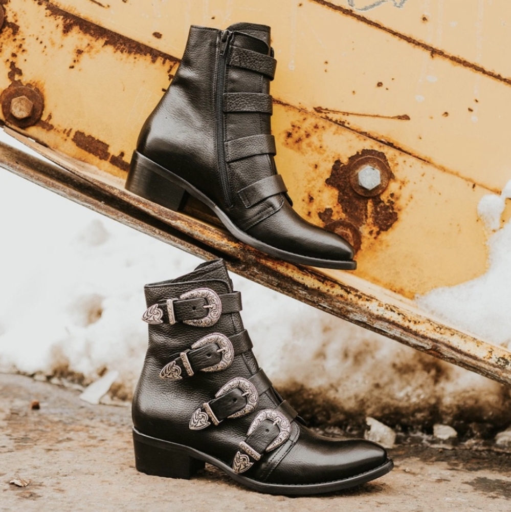 Freebird by Steven Black Leather Buckle Ankle Boots